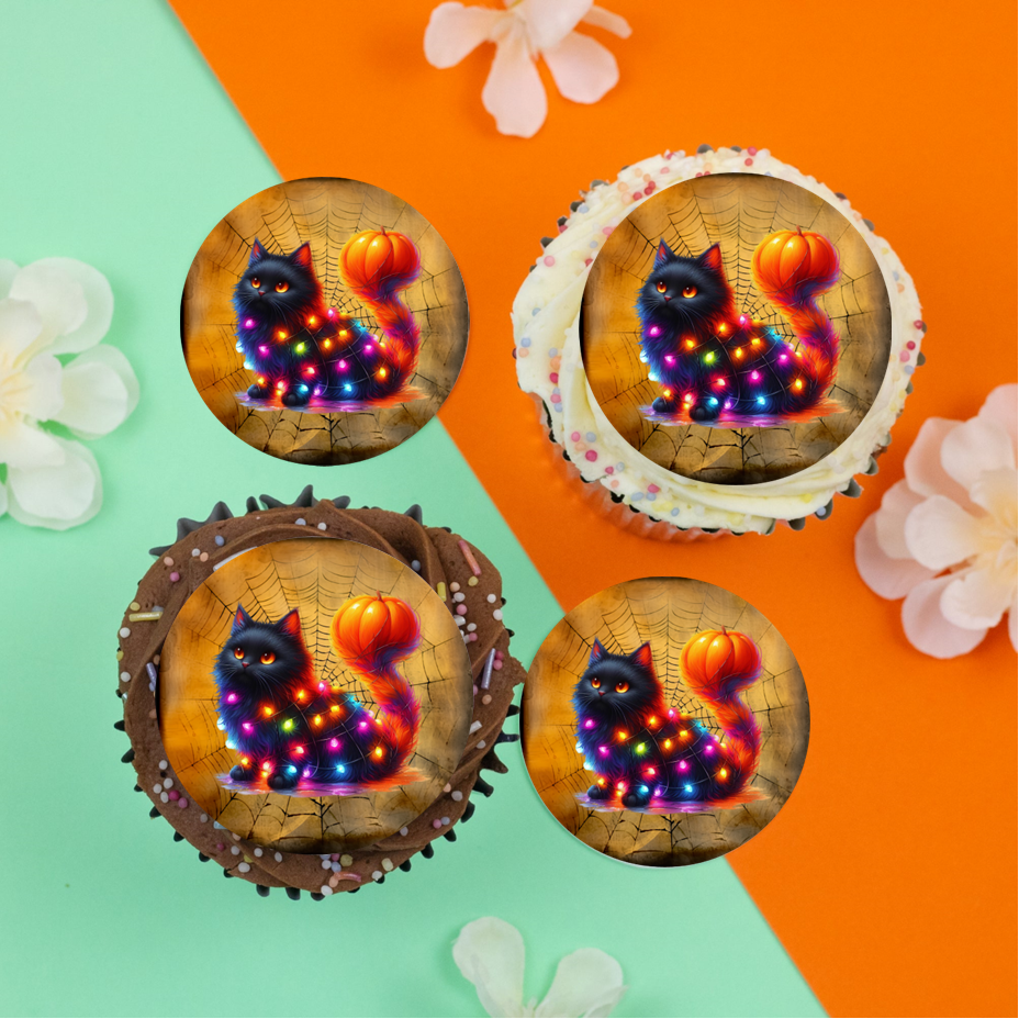Black cat with pumpkin tail 2" / 5cm discs for cupcakes