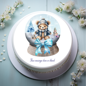 Personalised Cute Blue Bear in Snow Globe 8" Icing Sheet Cake Topper
