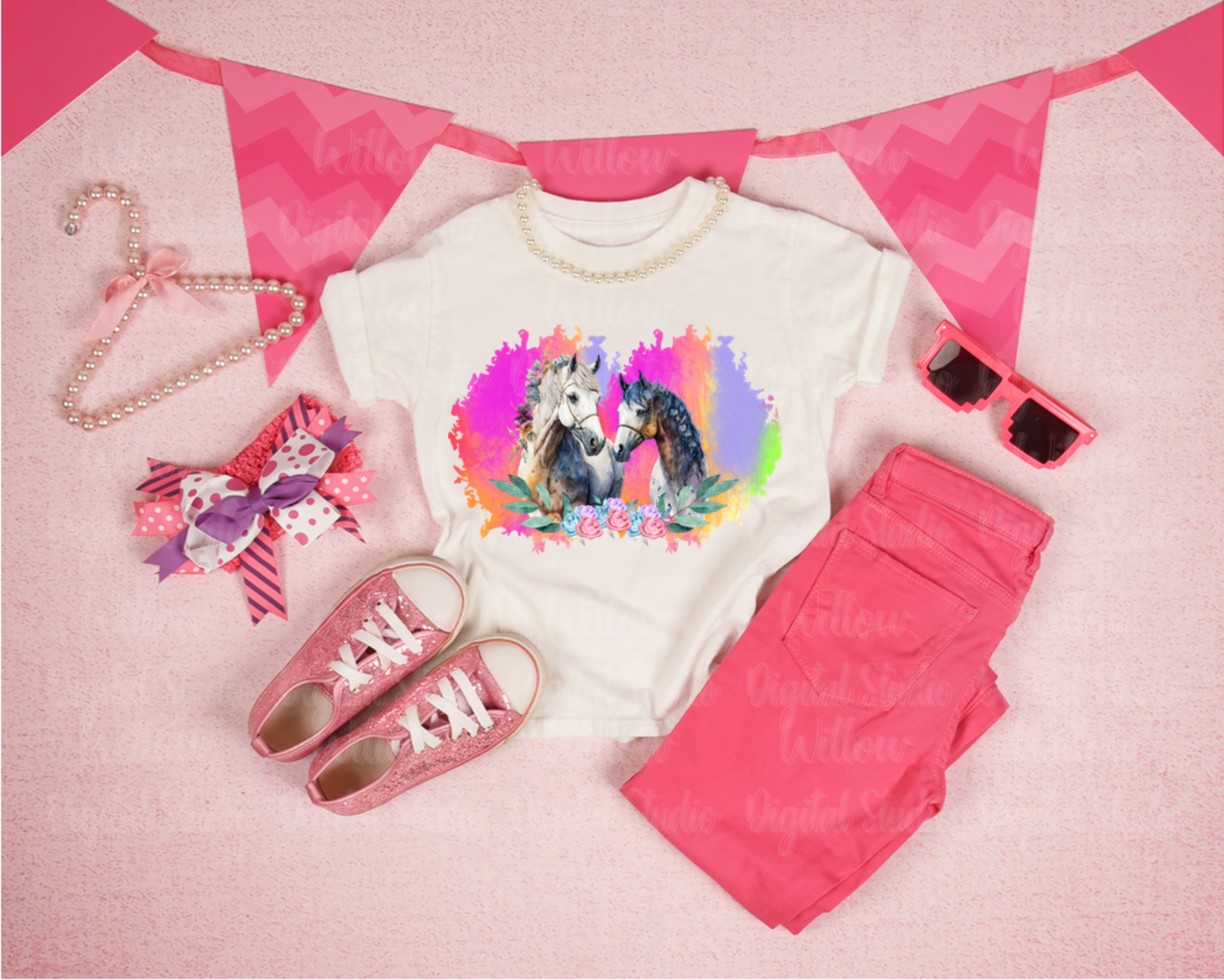 Bright Horses With Rainbow Background Digital Download