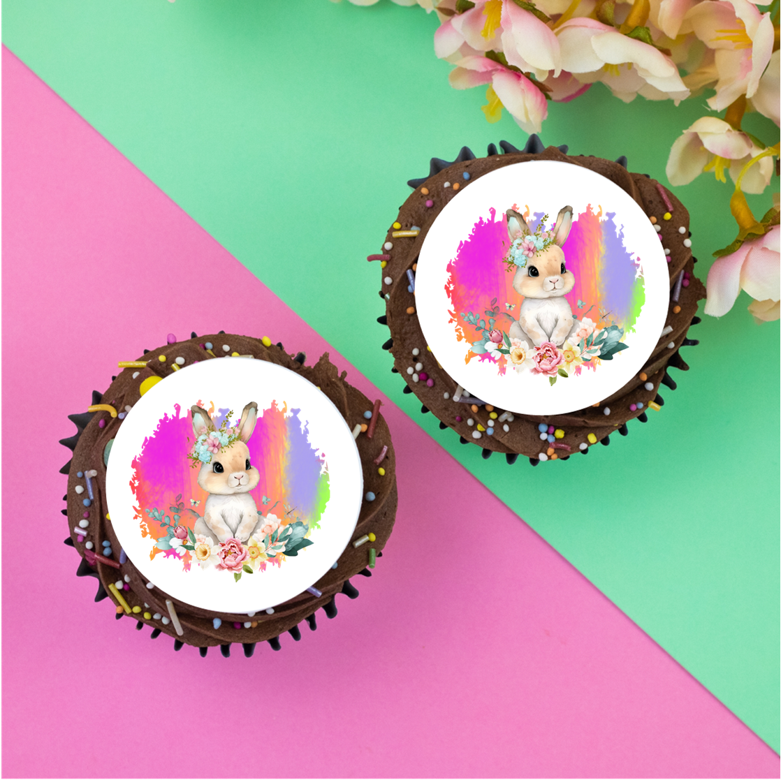 Bunny and bright rainbow heart background 2" / 5cm discs cupcake toppers