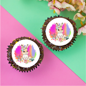 Bunny and bright rainbow heart background  2" / 5cm discs cupcake toppers