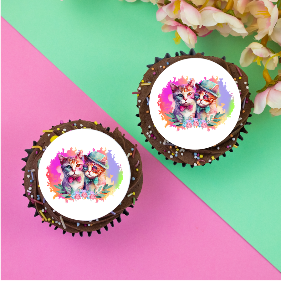 Cool cats and bright rainbow background 2" / 5cm discs cupcake toppers