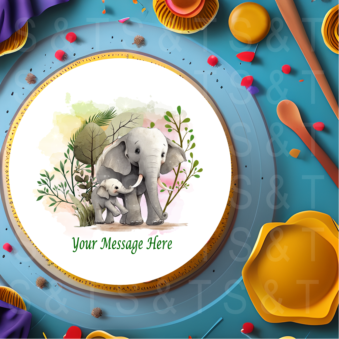 Beautiful Elephant and Baby Scene 8"Cake Topper