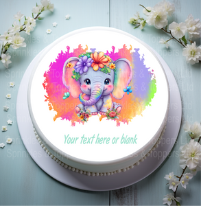 Cute Baby Elephant & Bright Heart Background 8" Icing Sheet Cake Topper