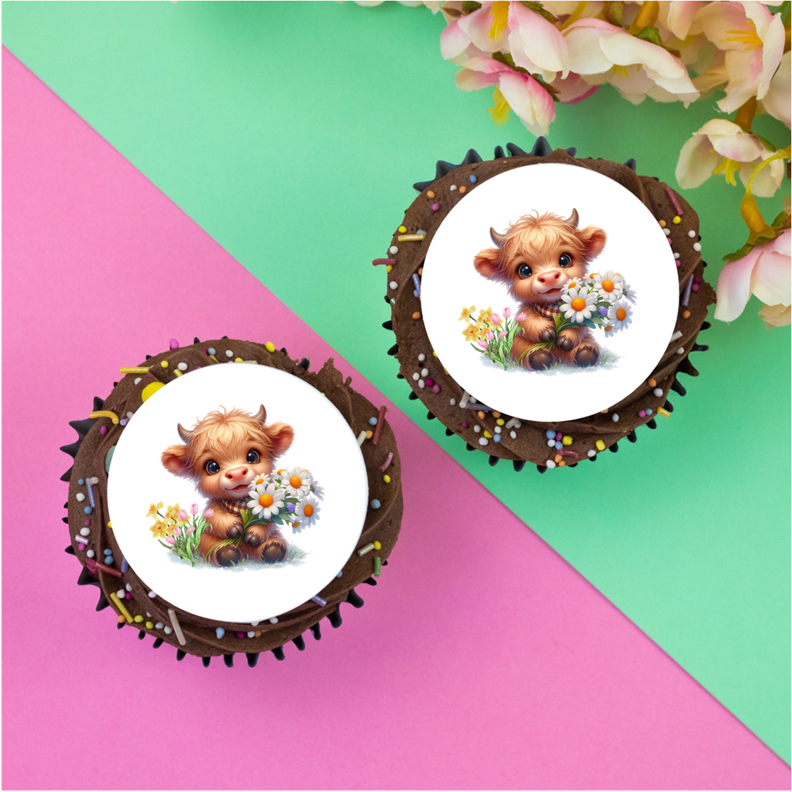 Highland Cow with daises 2" / 5cm discs for cupcakes