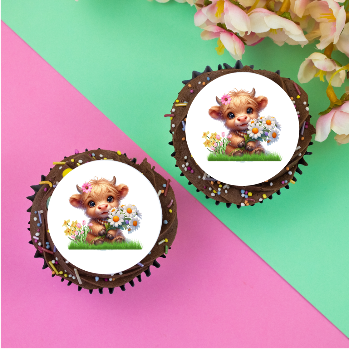 Highland Cow with daises (girl) 2" / 5cm discs for cupcakes