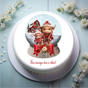 Personalised Cute Highland Cows in Snow Globe 8" Icing Sheet Cake Topper