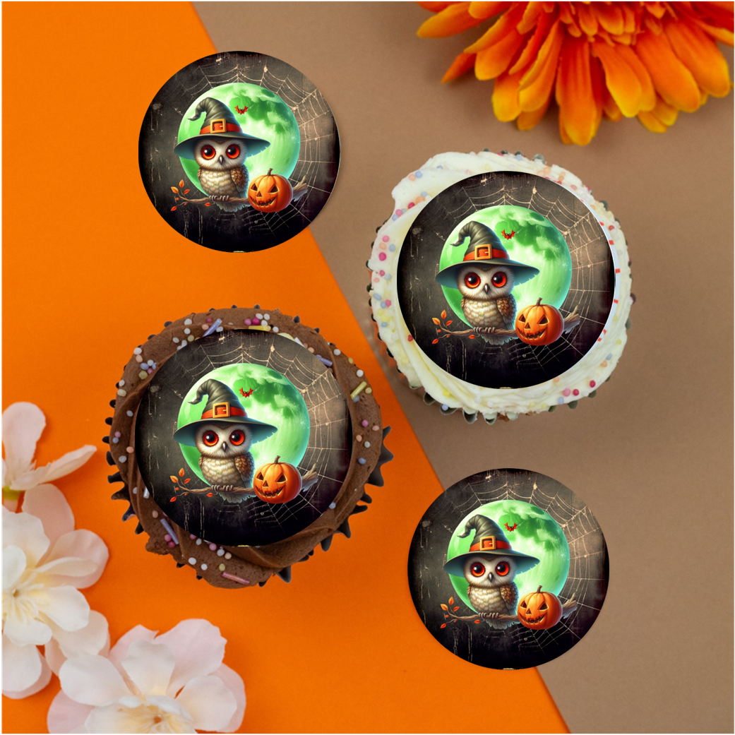Halloween Owl Green 2" / 5cm discs for cupcakes