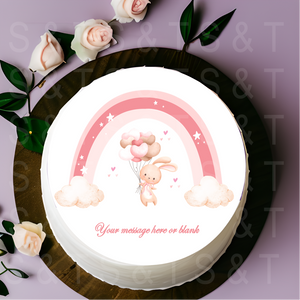 Personalised Cute Pink Bunny and Rainbow  8" Icing Sheet Cake Topper