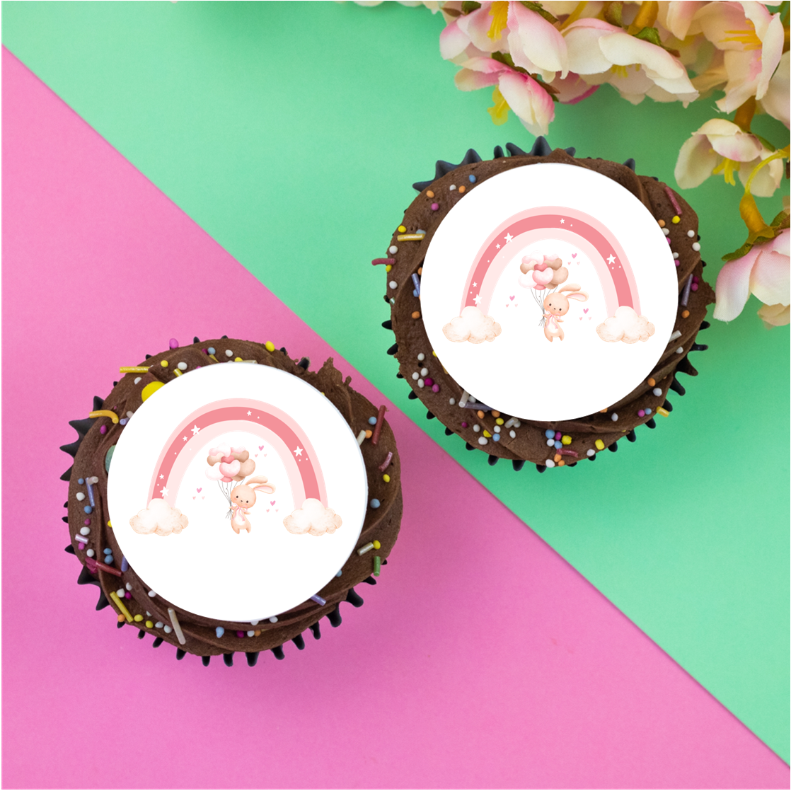 Cute pink bunny and rainbow 2" / 5cm discs