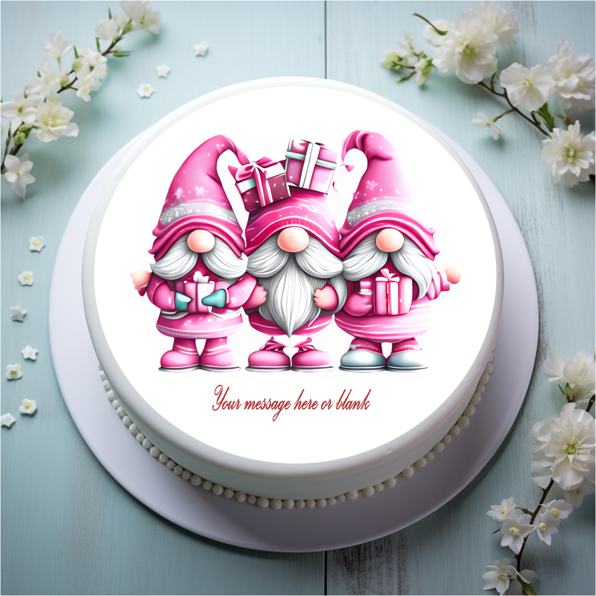 Personalised Festive Pink Gnome Trio 8" Icing Sheet Cake Topper