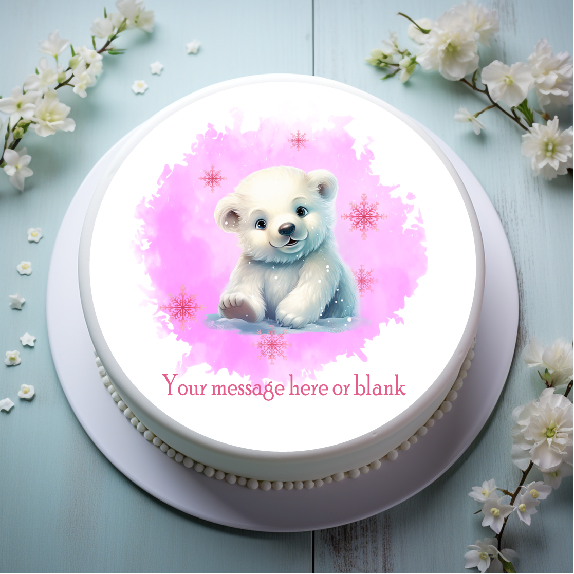 Personalised Cute Polar Bear (pink) 8" Icing Sheet Cake Topper