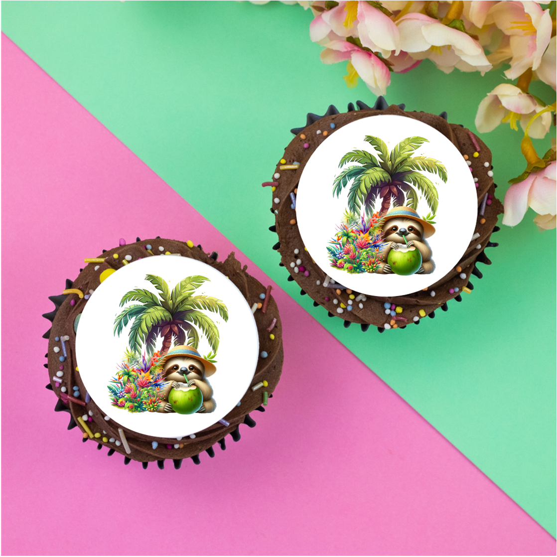 Summer Sloth Adult 2" / 5cm discs for cupcakes