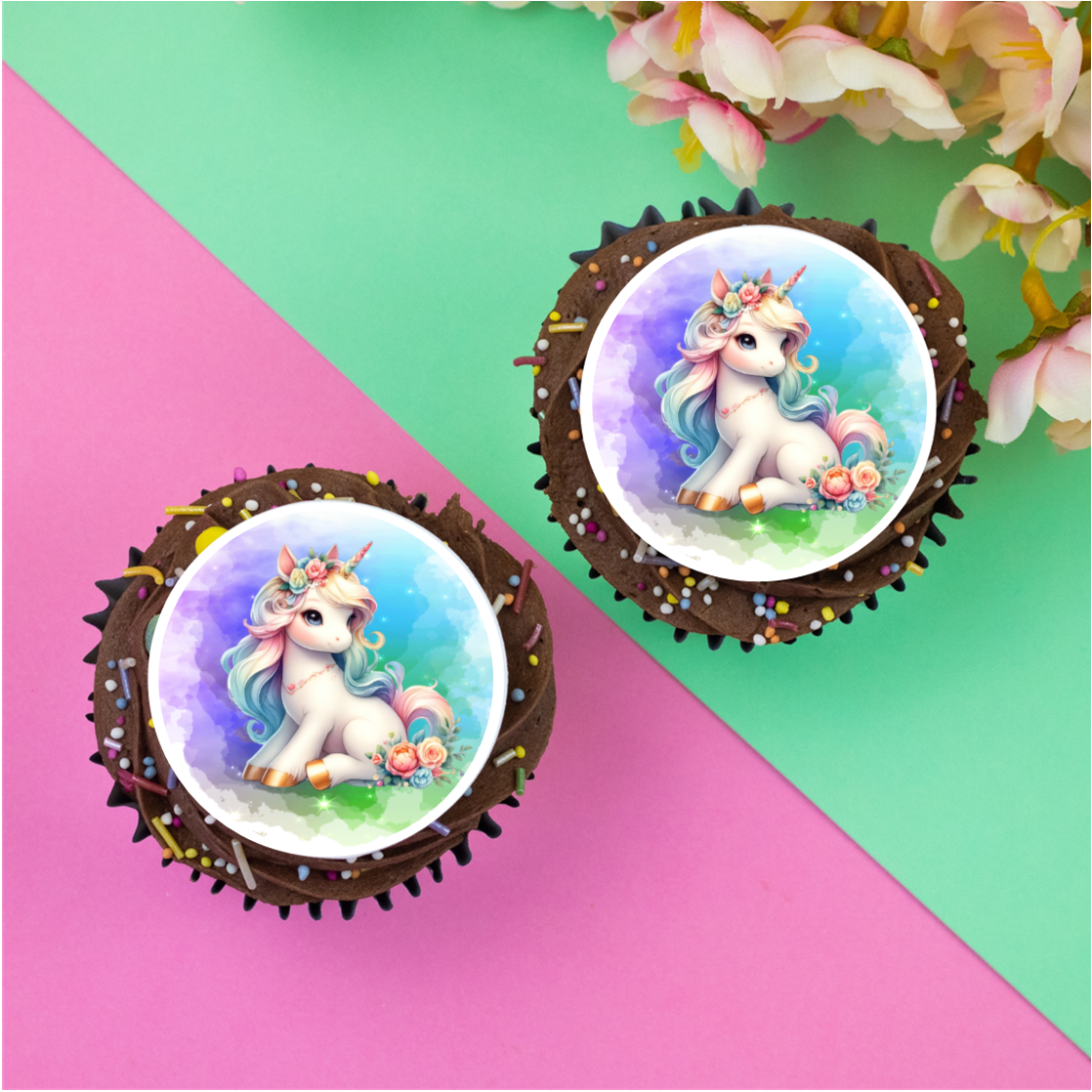 Cute Floral Unicorn 2" / 5cm discs for cupcakes