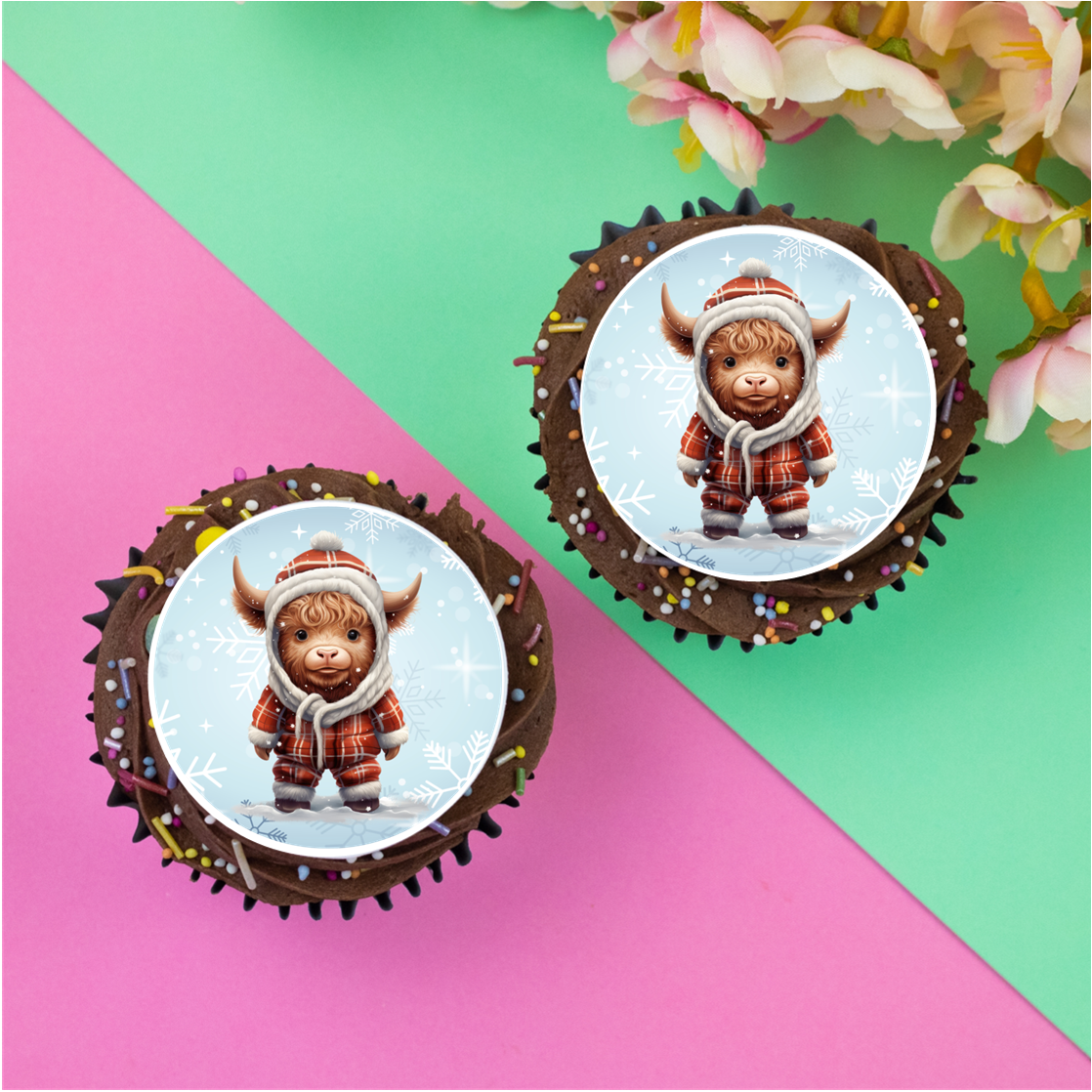 Winter Highland Cow (a) 2" / 5cm discs for cupcakes