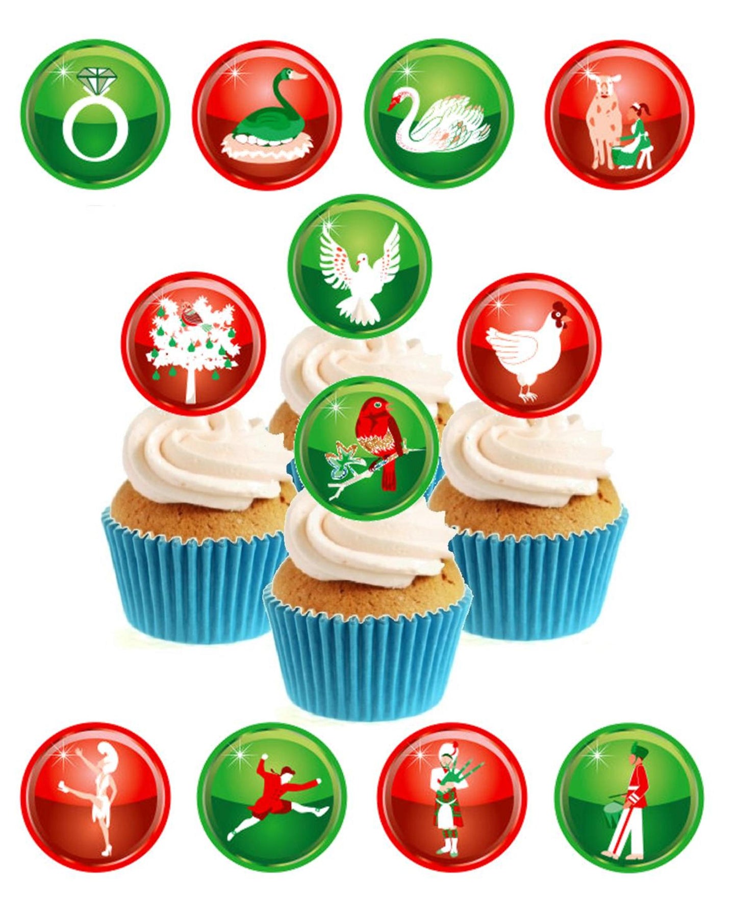 12 Days of Christmas Stand Up Cake Toppers (12 pack) Pack contains 12 images printed onto premium wafer card