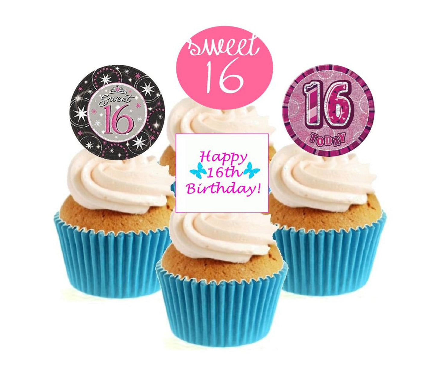 16th Birthday Pink Stand Up Cake Toppers (12 pack) Pack contains 12 images - 3 of each image - printed onto premium wafer card