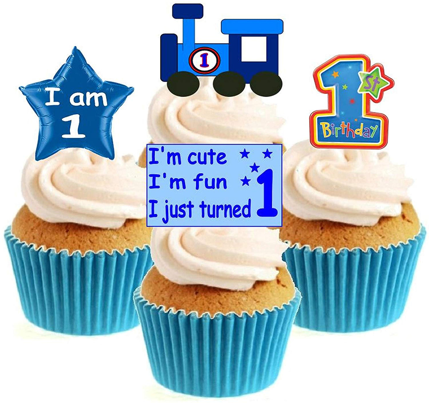 1st Birthday Blue Stand Up Cake Toppers (12 pack) Pack contains 12 images - 3 of each image - printed onto premium wafer card