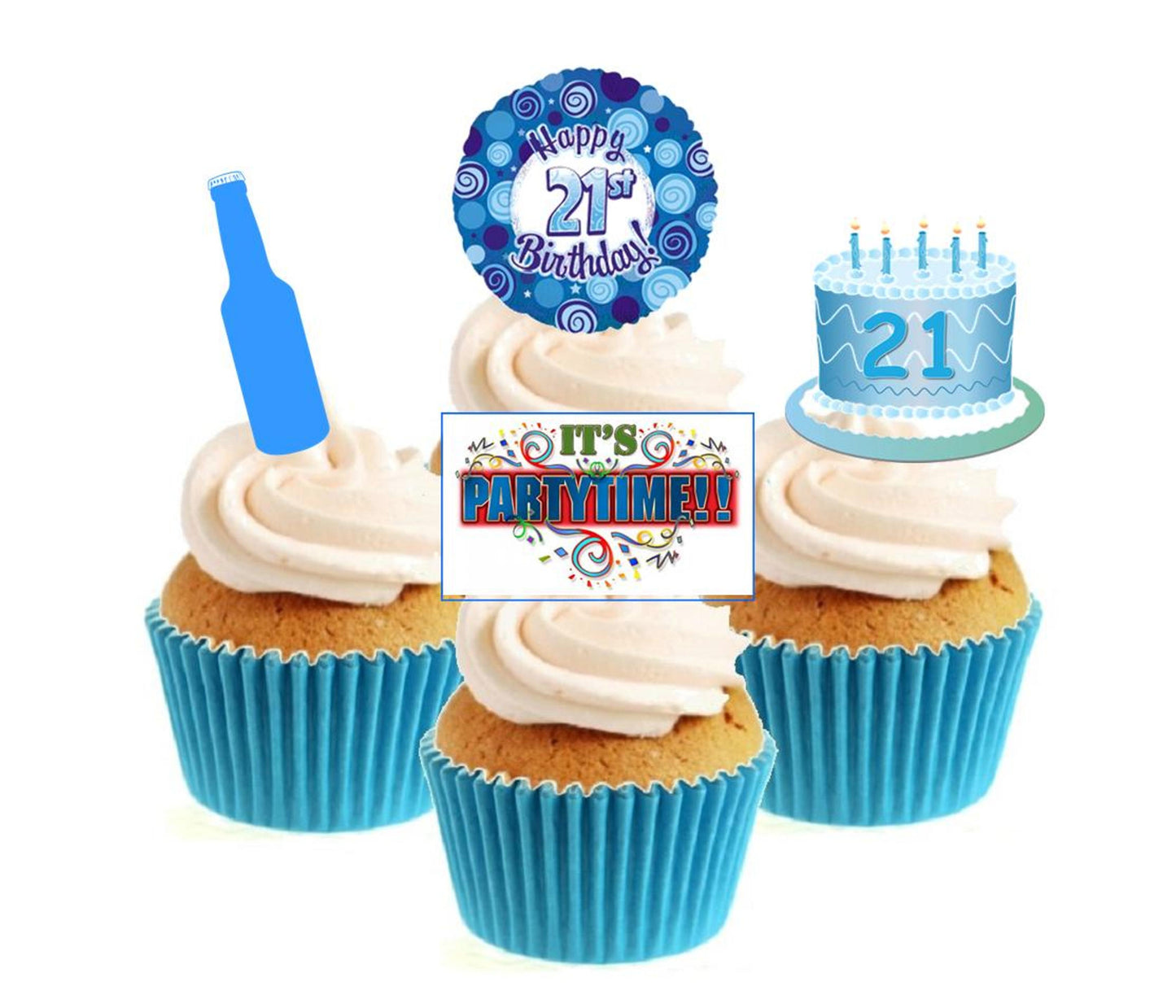 21st Birthday Blue Stand Up Cake Toppers (12 pack) Pack contains 12 images - 3 of each image - printed onto premium wafer card