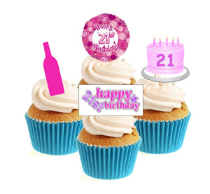 21st Birthday Pink Stand Up Cake Toppers (12 pack)