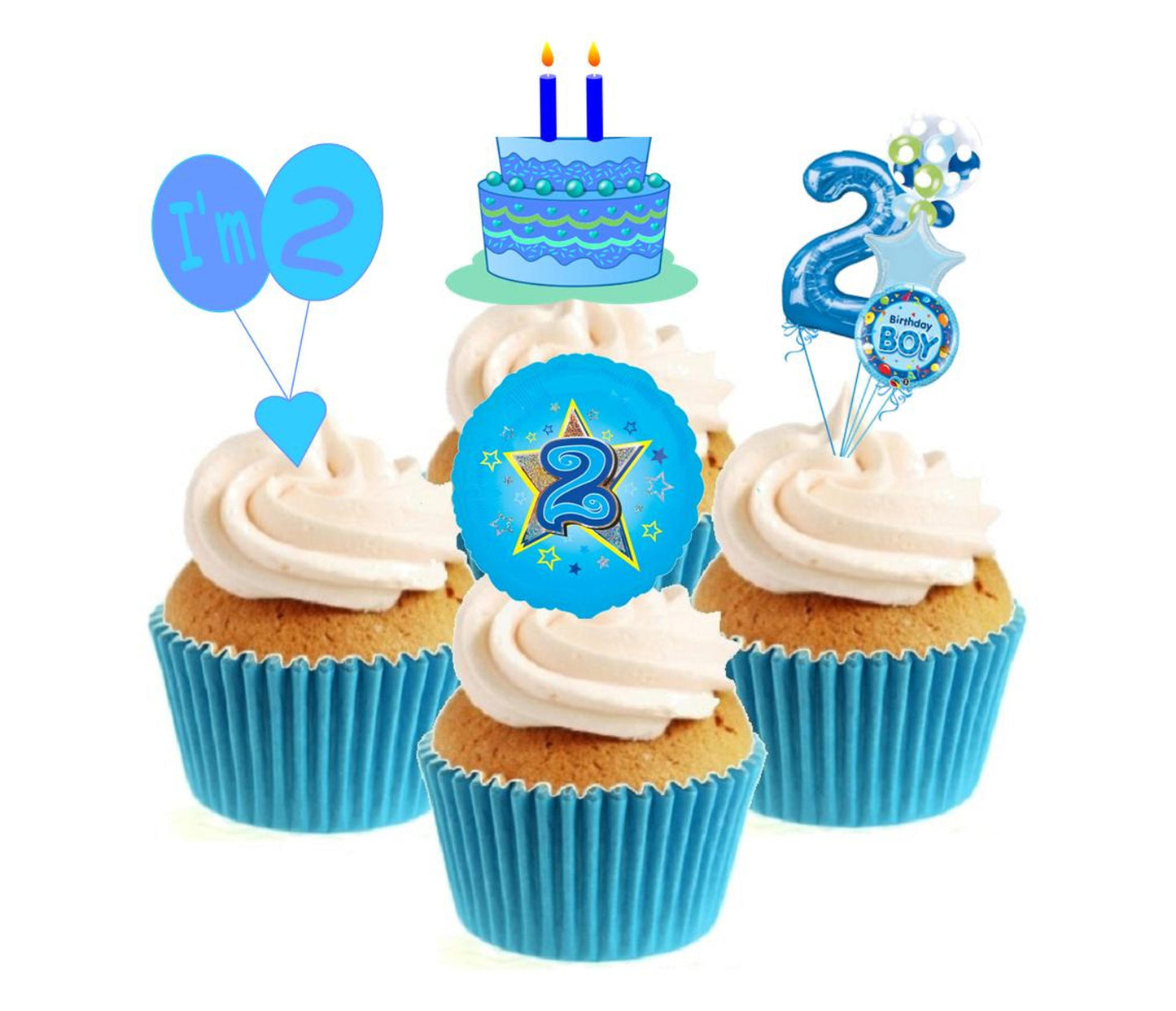 2nd Birthday Blue Stand Up Cake Toppers (12 pack) Pack contains 12 images - 3 of each image - printed onto premium wafer card