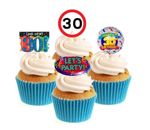 30th Birthday Stand Up Cake Toppers (12 pack)  Pack contains 12 images - 3 of each image - printed onto premium wafer card