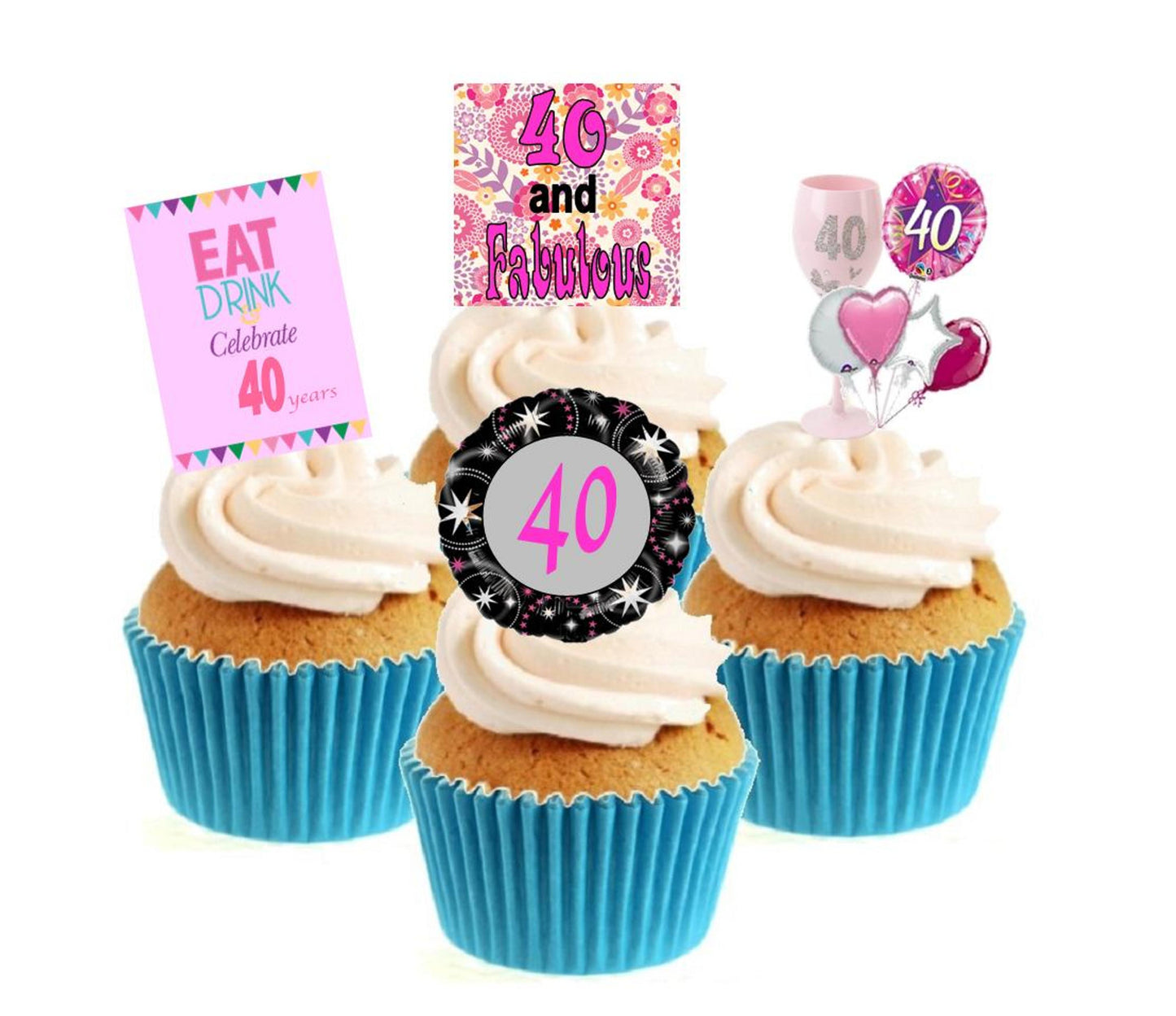 40th Birthday Pink Stand Up Cake Toppers (12 pack) Pack contains 12 images - 3 of each image - printed onto premium wafer card
