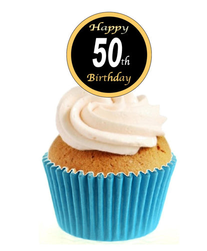 50th Birthday Black / Gold Stand Up Cake Toppers (12 pack)  Pack contains 12 images printed onto premium wafer card