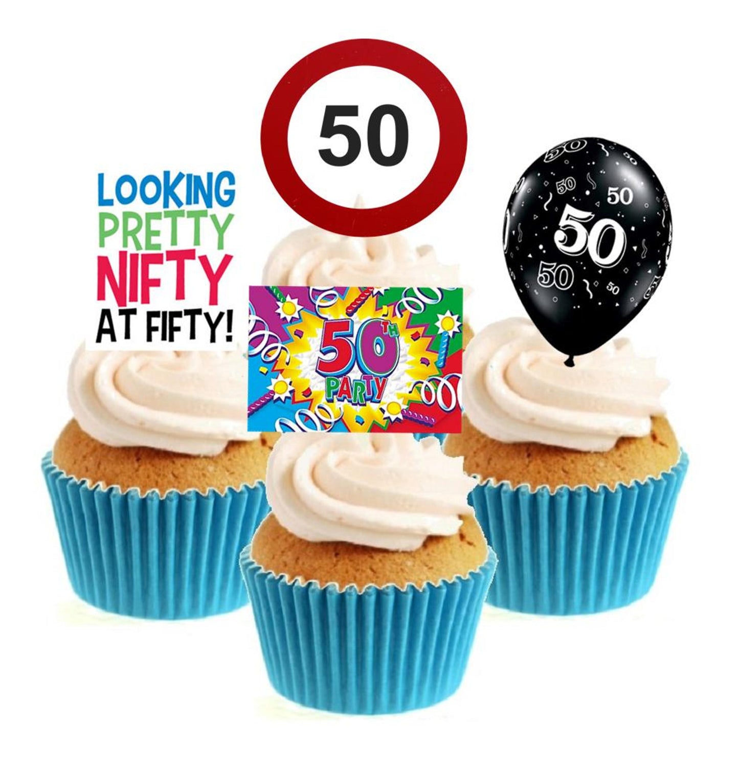 50th Birthday Stand Up Cake Toppers (12 pack) Pack contains 12 images - 3 of each image - printed onto premium wafer card