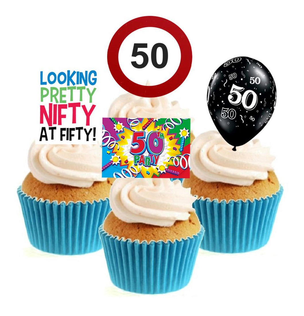 50th Birthday Stand Up Cake Toppers (12 pack)  Pack contains 12 images - 3 of each image - printed onto premium wafer card