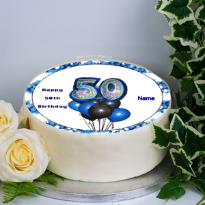 Personalised 50th Birthday Balloons Blue 8" Icing Sheet Cake Topper