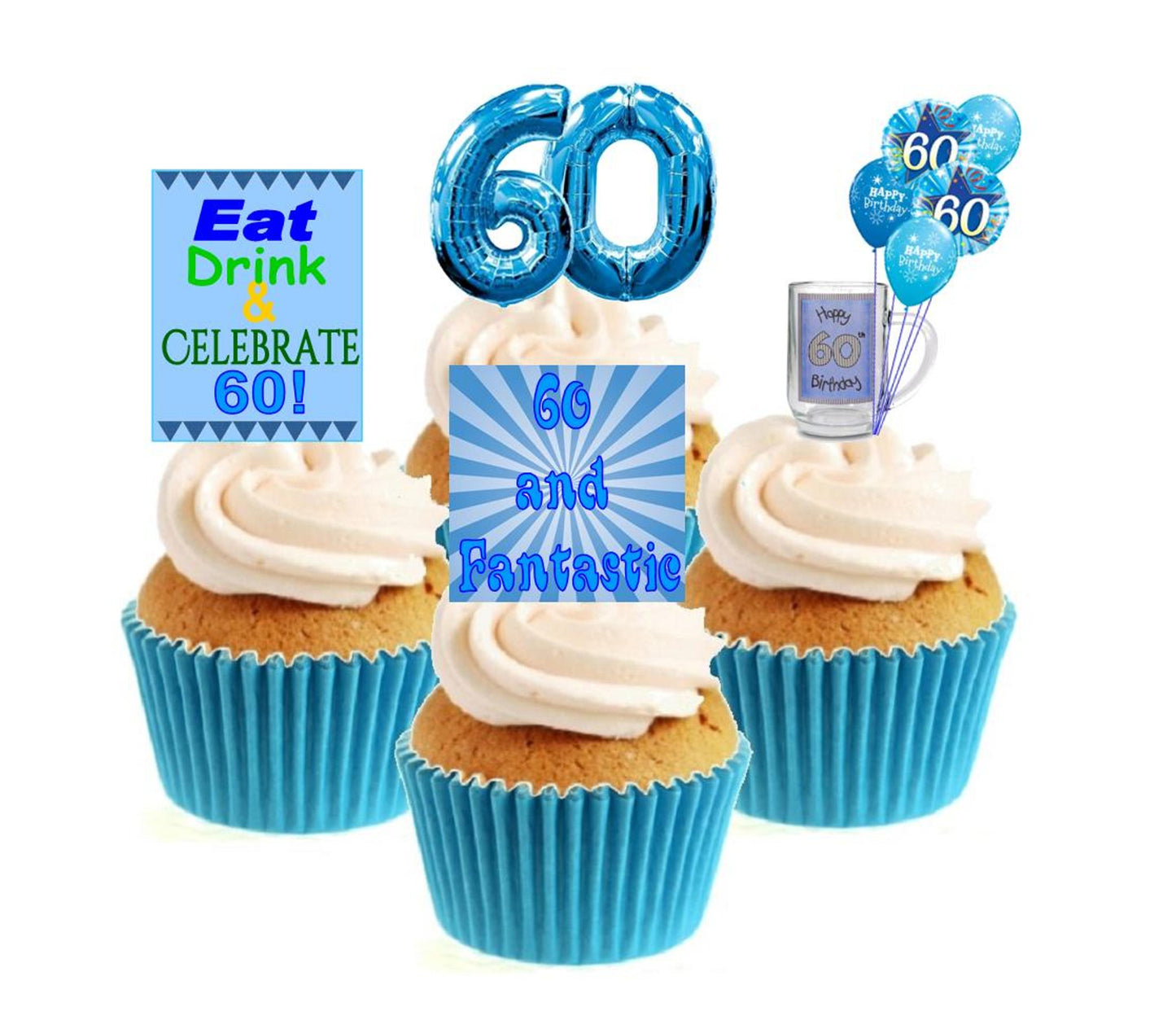 60th Birthday Blue Stand Up Cake Toppers (12 pack) Pack contains 12 images - 3 of each image - printed onto premium wafer card