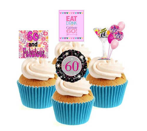 60th Birthday Pink Stand Up Cake Toppers (12 pack)  Pack contains 12 images - 3 of each image - printed onto premium wafer card