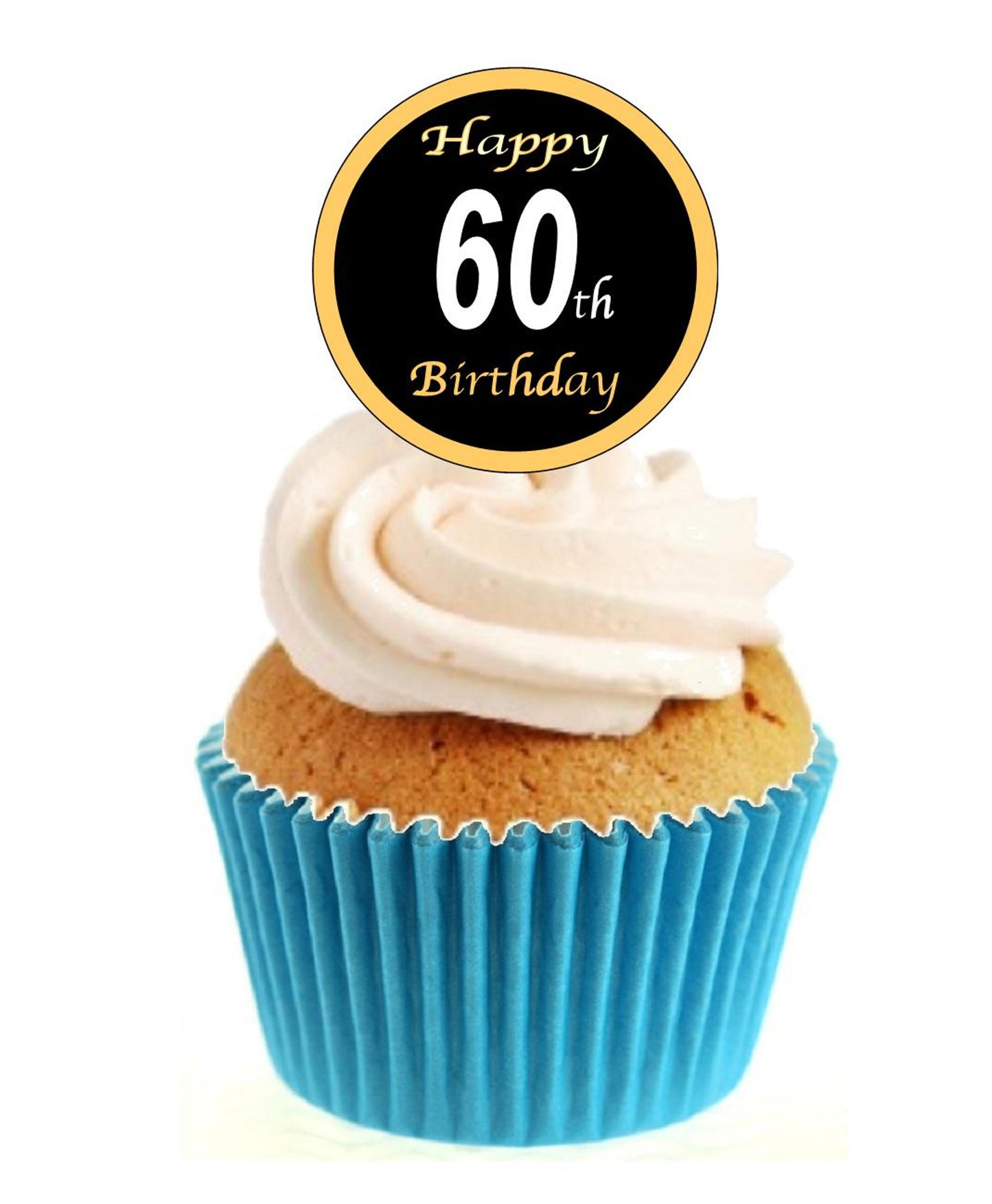 60th Birthday Black / Gold Stand Up Cake Toppers (12 pack) Pack contains 12 images printed onto premium wafer card