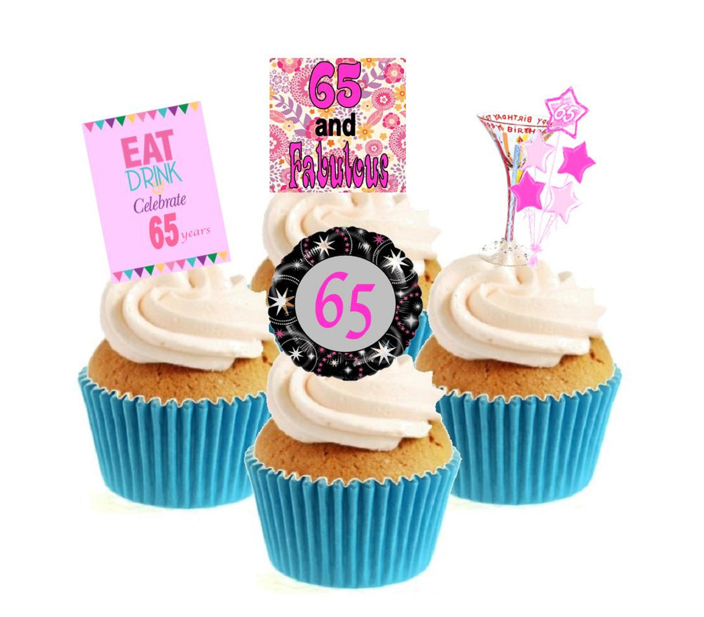 65th Birthday Pink Stand Up Cake Toppers (12 pack) Pack contains 12 images - 3 of each image - printed onto premium wafer card