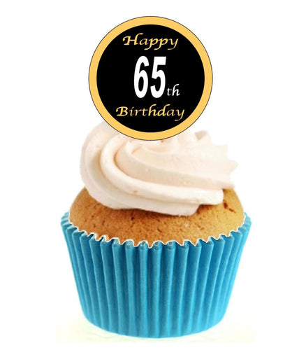 65th Birthday Black / Gold Stand Up Cake Toppers (12 pack)  Pack contains 12 images printed onto premium wafer card