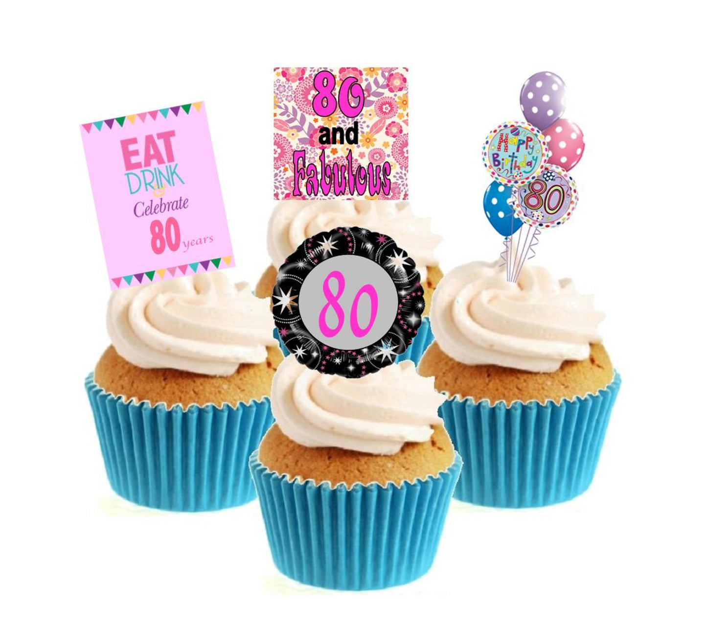 80th Birthday Pink Stand Up Cake Toppers (12 pack) Pack contains 12 images - 3 of each image - printed onto premium wafer card