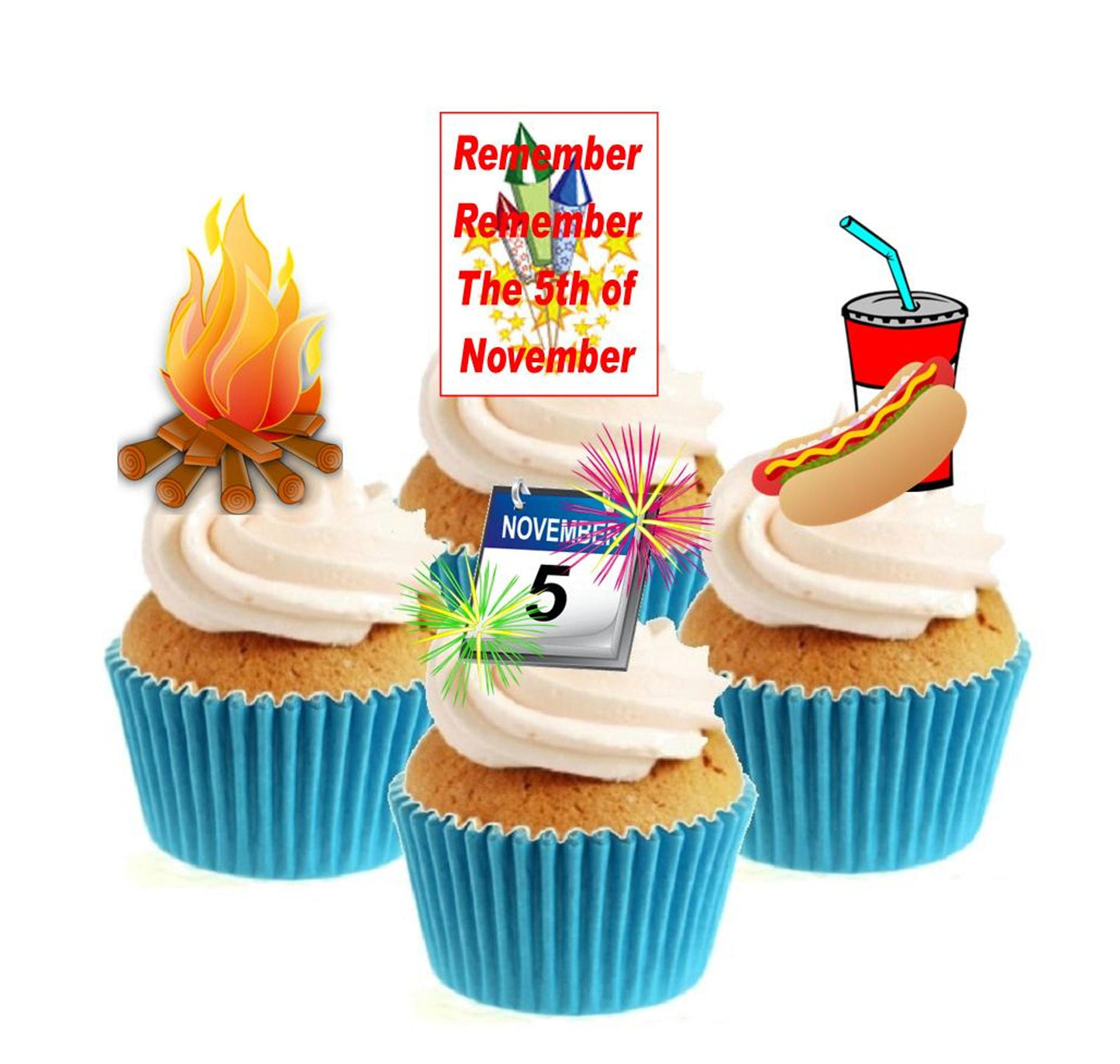 Bonfire Night Collection Stand Up Cake Toppers (12 pack) Pack contains 12 images - 3 of each image - printed onto premium wafer card
