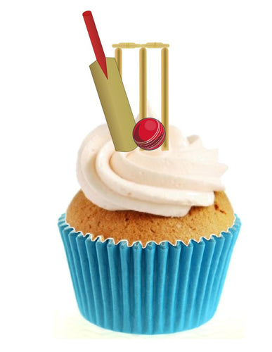 Cricket Bat, Ball & Stumps Stand Up Cake Toppers (12 pack)  Pack contains 12 images printed onto premium wafer card