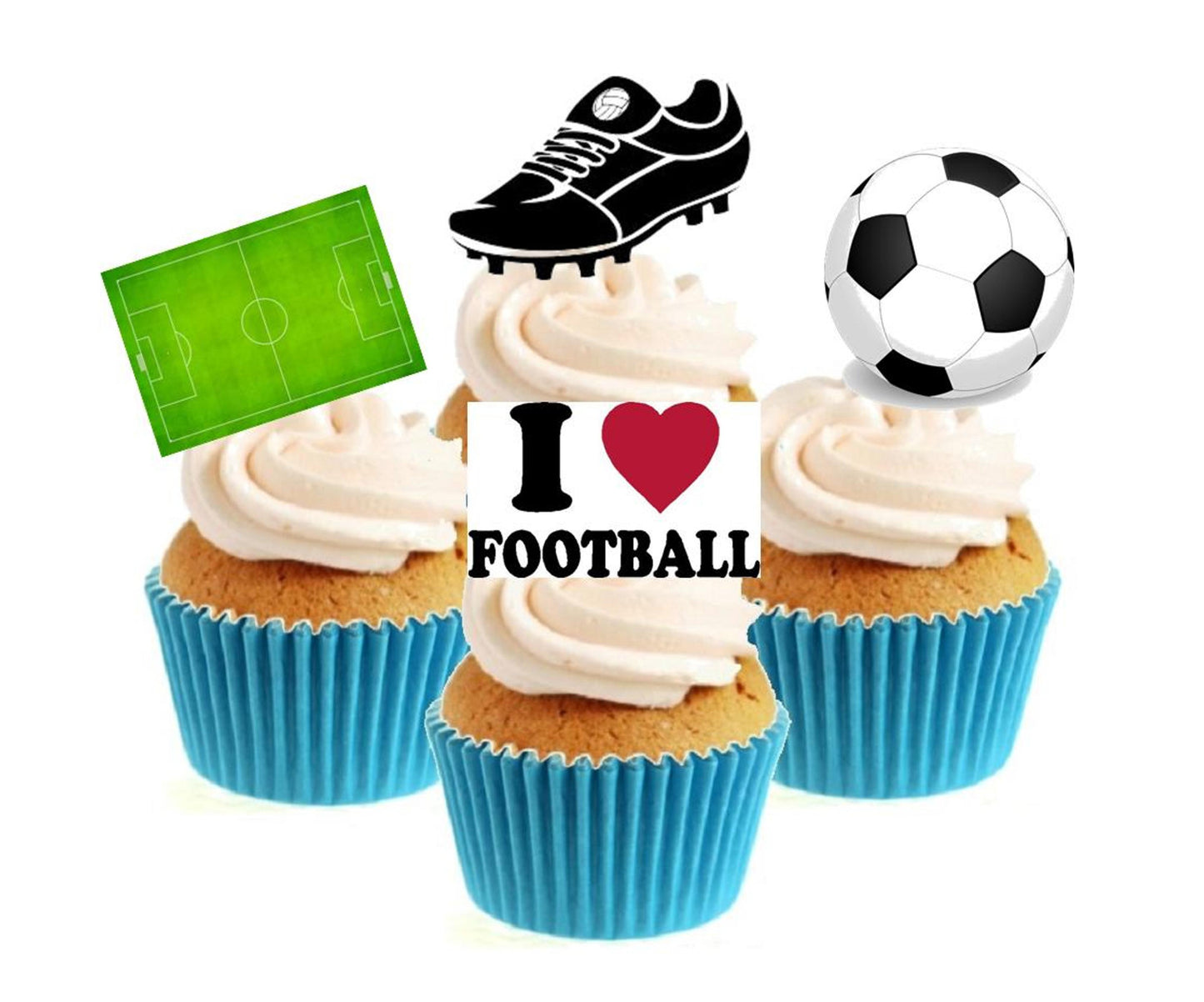 Football Collection Stand Up Cake Toppers (12 pack) Pack contains 12 images - 3 of each image - printed onto premium wafer card