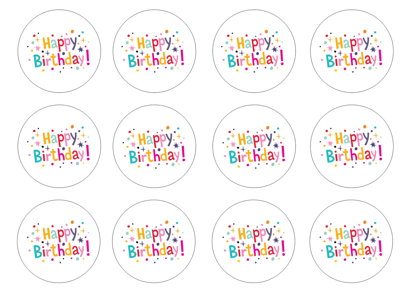 Happy Birthday (HB01) 2" pre cut icing discs Pack contains 12 edible fondant icing pre cut icing discs Easy to decorate a homemade or shop bought cake - simply peel and apply to your cakes