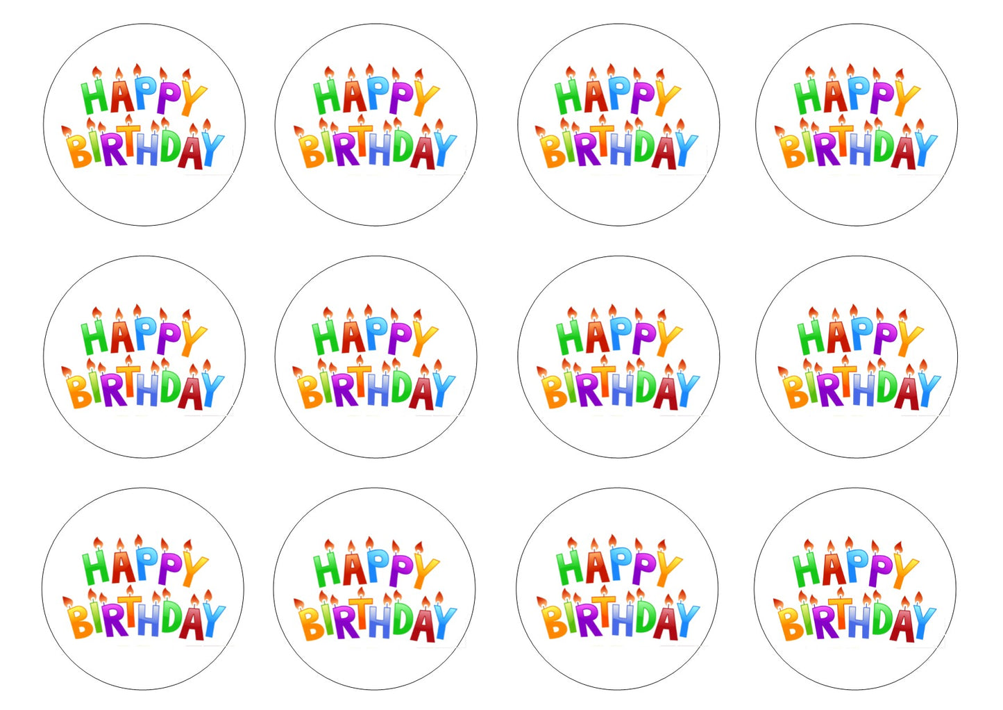Happy Birthday (HB03) 2" pre cut icing discs Pack contains 12 edible fondant icing pre cut icing discs Easy to decorate a homemade or shop bought cake - simply peel and apply to your cakes