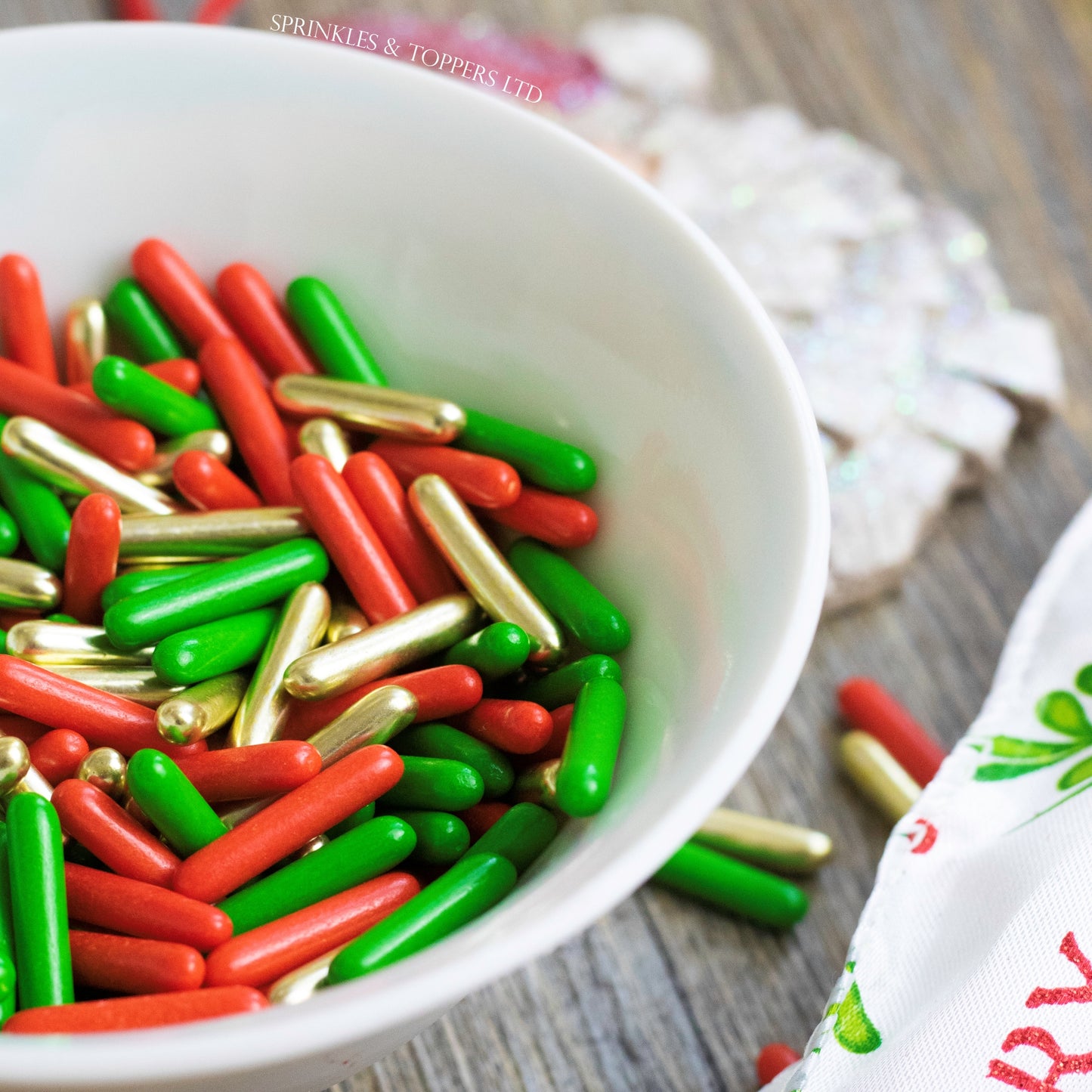 Red, Green & Gold Metallic Macaroni Rods (20mm) Sprinkles