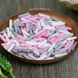 Grey Pink & White Matt Macaroni Rods (20mm) Sprinkles