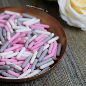 Grey Pink & White Matt Macaroni Rods (20mm) Sprinkles