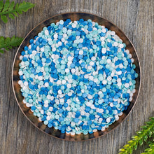 Load image into Gallery viewer, 4mm Blue White &amp; Turquoise Glimmer Confetti  Edible confetti with a lovely shiny finish  Perfect to top any cupcake, large cake, ice cream, cookies, shakes and more...