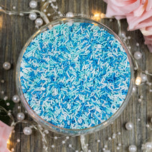 Load image into Gallery viewer, Blue, White &amp; Turquoise Glimmer Strands  Perfect to top any cupcake or to decorate a larger cake, ice creams, smoothies, cookies and more  Lovely glimmer strands with a shiny finish