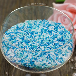 Blue, White & Turquoise Glimmer Strands  Perfect to top any cupcake or to decorate a larger cake, ice creams, smoothies, cookies and more  Lovely glimmer strands with a shiny finish
