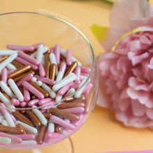 Load image into Gallery viewer, Pink White &amp; Rose Gold / Copper Macaroni Rods (20mm) Sprinkles