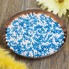 Load image into Gallery viewer, Lovely edible blue and white sugar pearls with shiny finish 3-4mm (approx)  Perfect to decorate cupcakes, a large cake, ice creams, smoothies, cookies.....the list is endless
